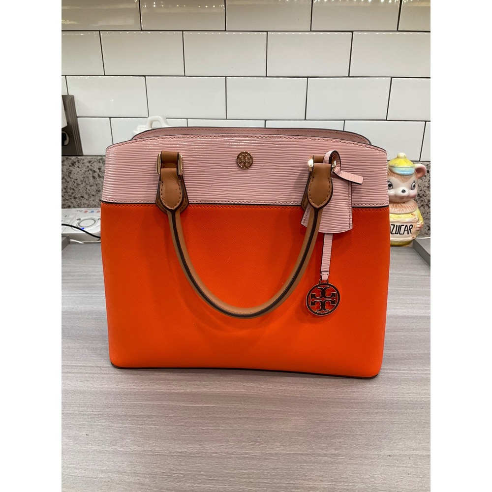 TORY BURCH ROBINSON ORANGE AND PINK COLOR BLOCK TOTE - Picture 12 of 12